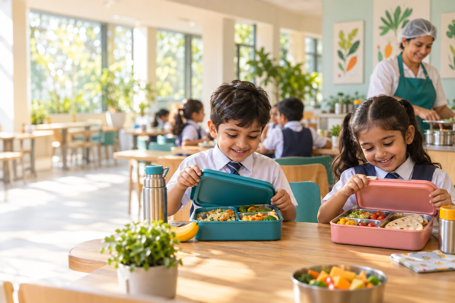 Children enjoying wholesome school lunches